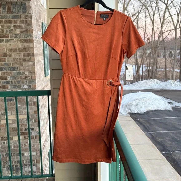 🆕✨ Tahari ASL Walnut Brown Faux Suede Sheath Dress Size 6 Gold Tie Career Midi - Picture 3 of 17